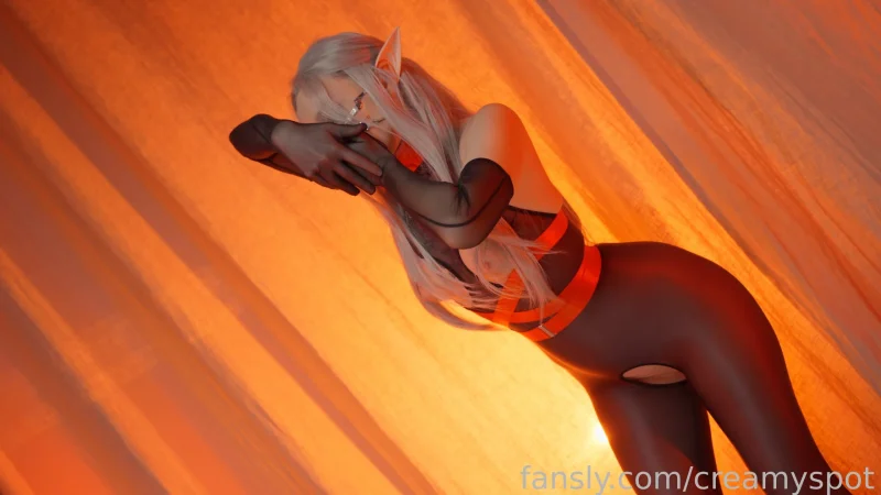 Sultry Creamy Spot in black bodysuit with orange straps posing bent over