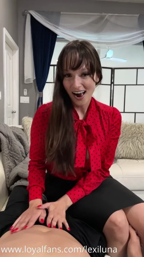 Sultry Lexi Luna in red polka dot blouse riding cock on a white couch